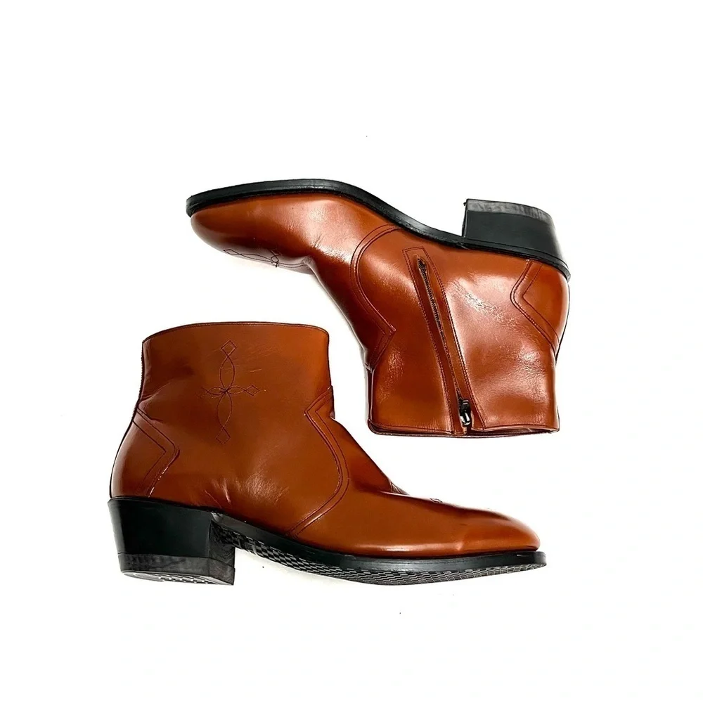 Vintage 1970s men’s brown vegan leather steel toe western style safety boots